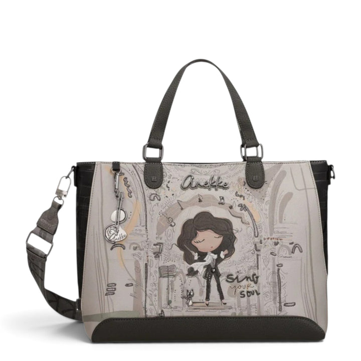 ada-shoes.ro Anekke Orchestra handbag featuring artistic musical print, dual handles, and adjustable shoulder strap.
