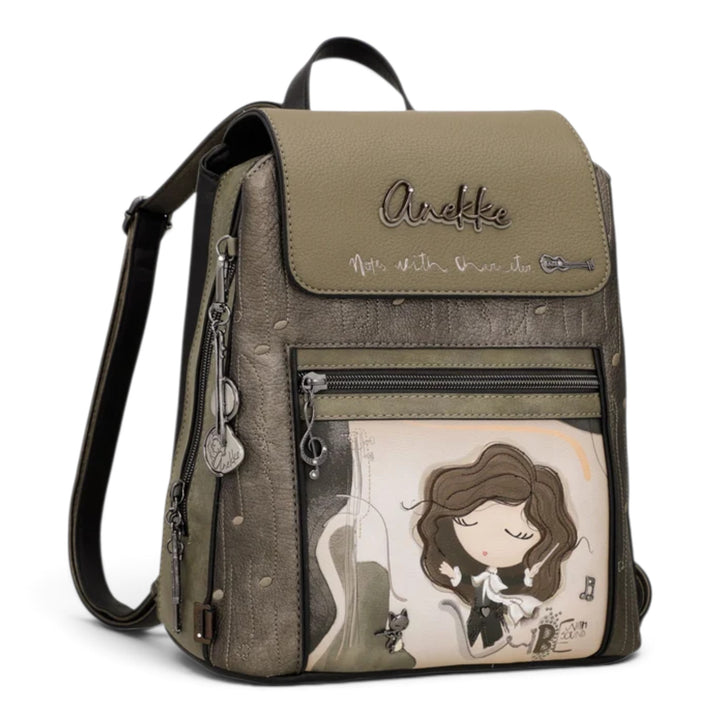 ada-shoes.ro Anekke Orchestra casual backpack in olive green with musical-themed illustration and zip compartments.