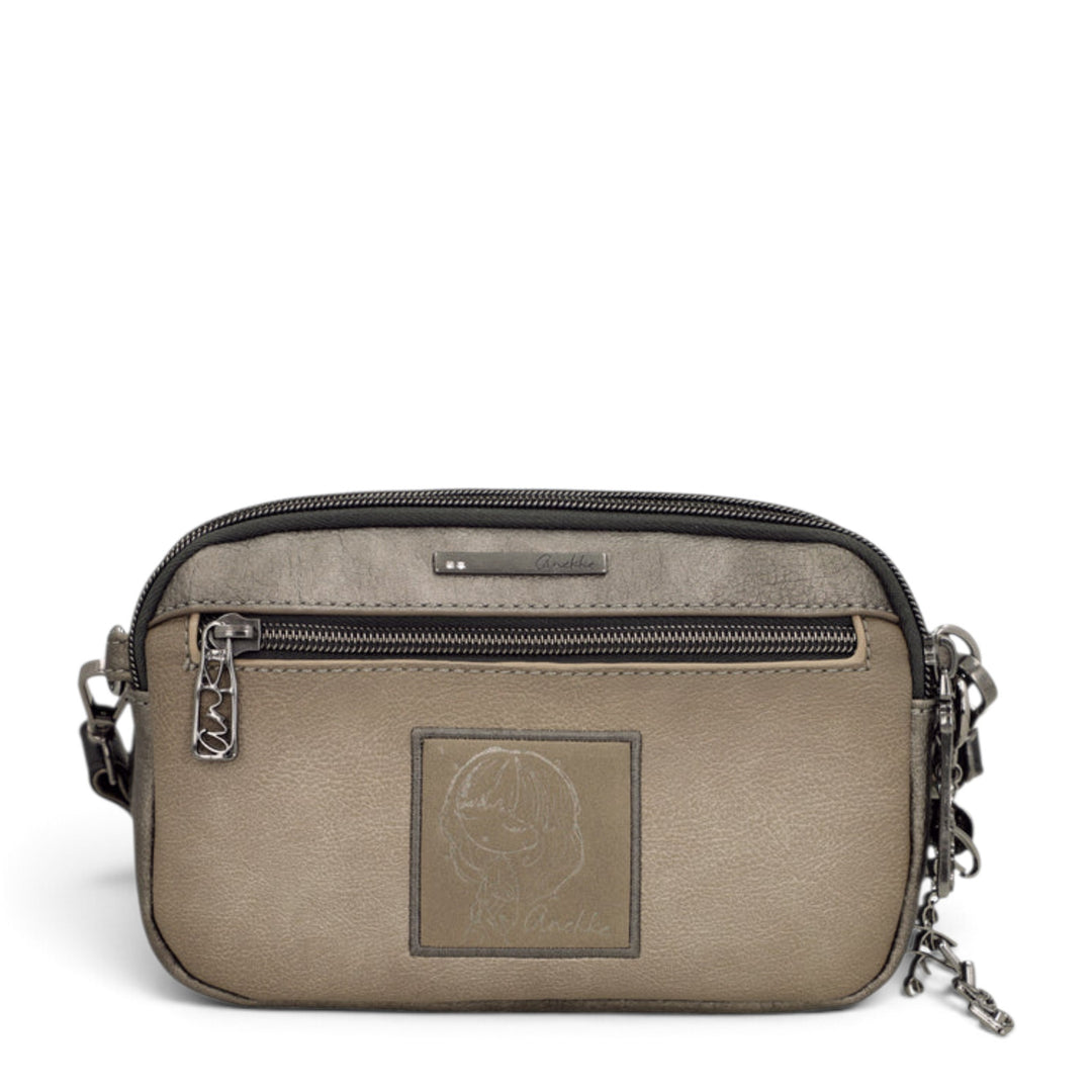 ada-shoes.ro Anekke Essence taupe crossbody bag with front zip pocket, decorative patch, and adjustable shoulder strap.