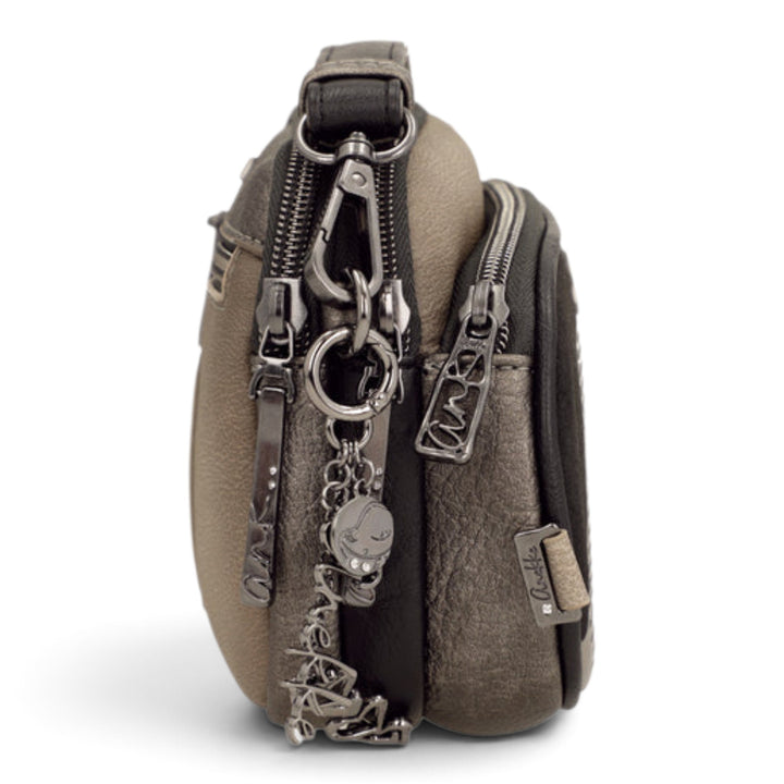 ada-shoes.ro Anekke Essence Taupe crossbody bag side view showing metallic zips and decorative charms
