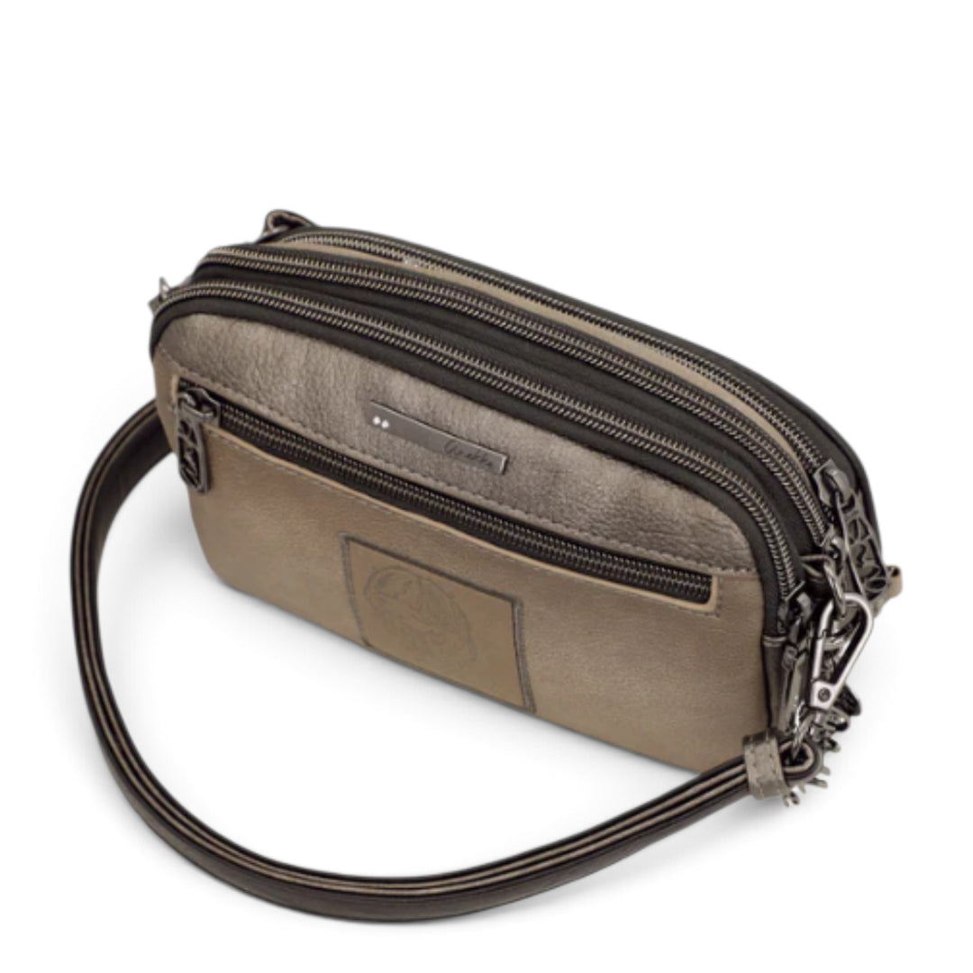 ada-shoes.ro Anekke Essence taupe crossbody bag with multiple zip compartments, adjustable strap, and metallic details.
