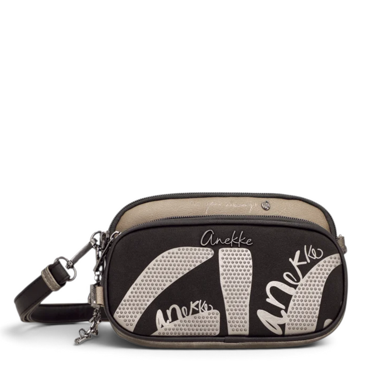 ada-shoes.ro Anekke Essence taupe crossbody bag with modern graphic print, multiple zip compartments and strap.