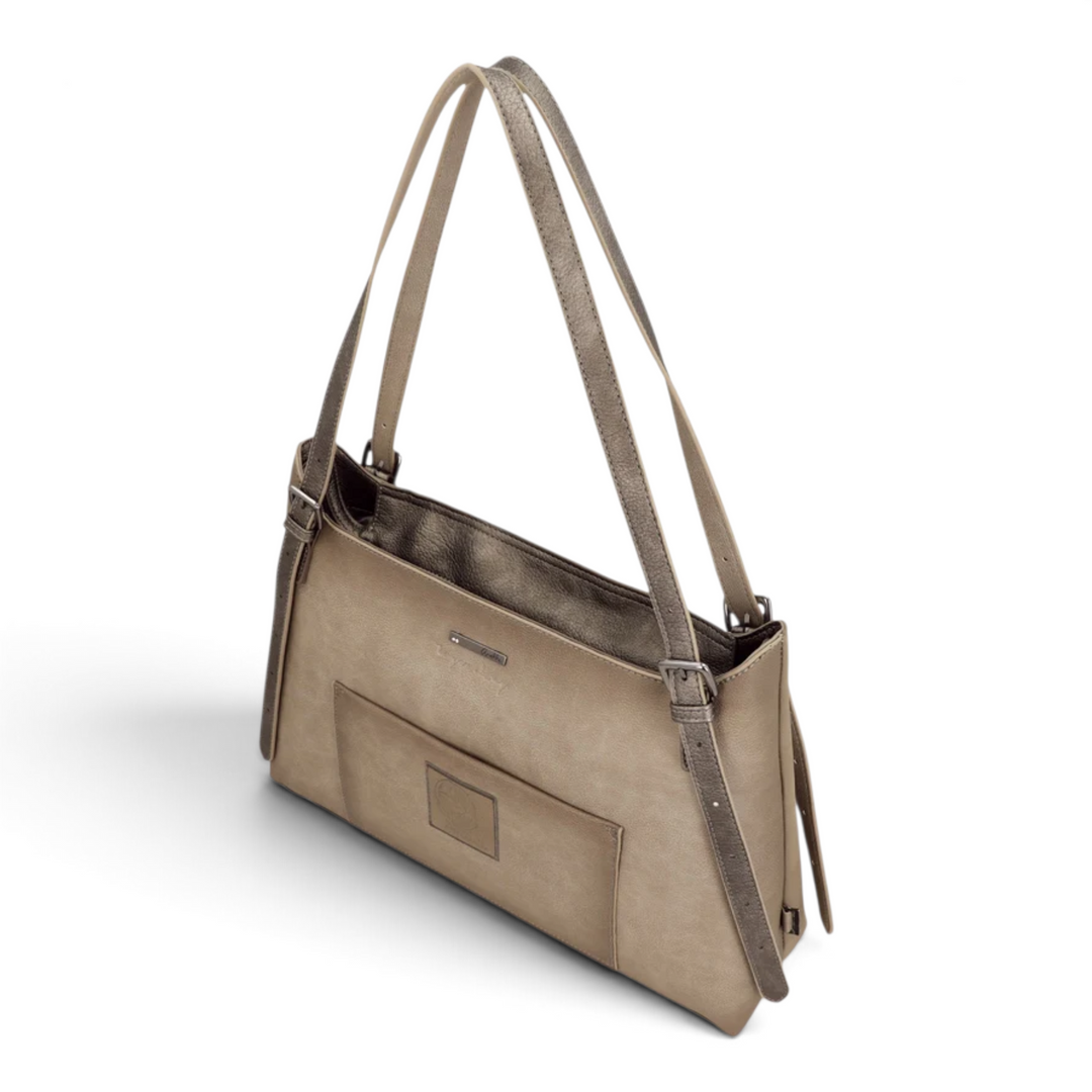 ada-shoes.ro Anekke Essence taupe shoulder bag with dual straps, zip closure, and decorative exterior pocket.