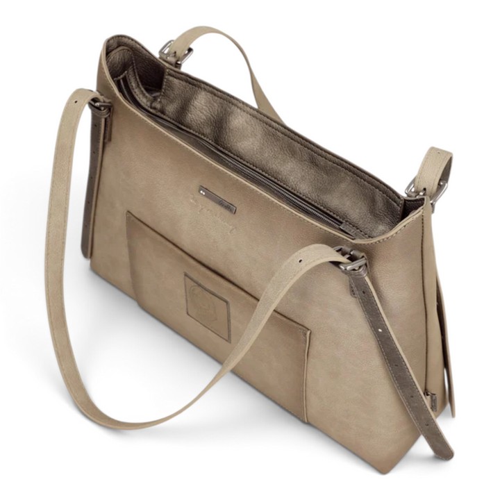 ada-shoes.ro Anekke Essence taupe shoulder bag with zip closure, dual straps, and decorative exterior pocket.