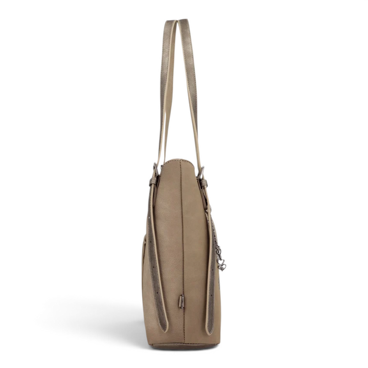Side view of taupe Anekke Essence shoulder bag with dual straps and decorative charm on a white background