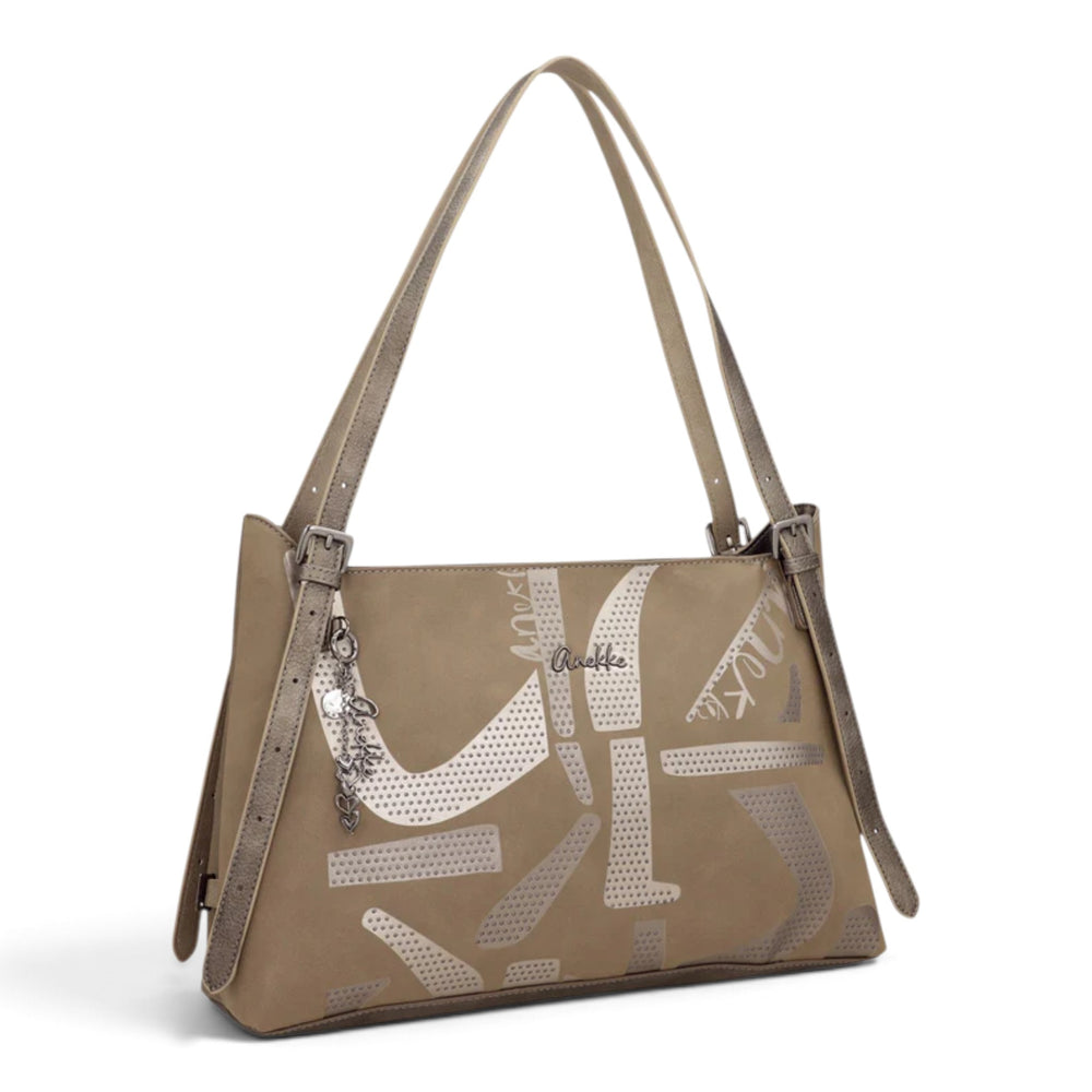 ada-shoes.ro Anekke Essence taupe shoulder bag with decorative graphic print, dual straps, and metallic charm detail.