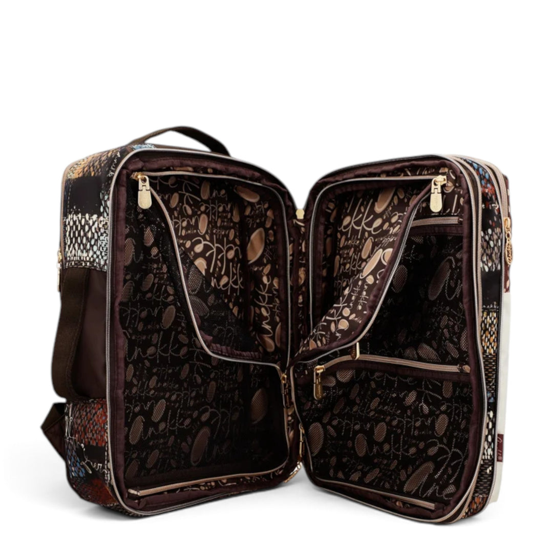 ada-shoes.ro Anekke Tulip travel backpack open to show multiple interior compartments and patterned lining