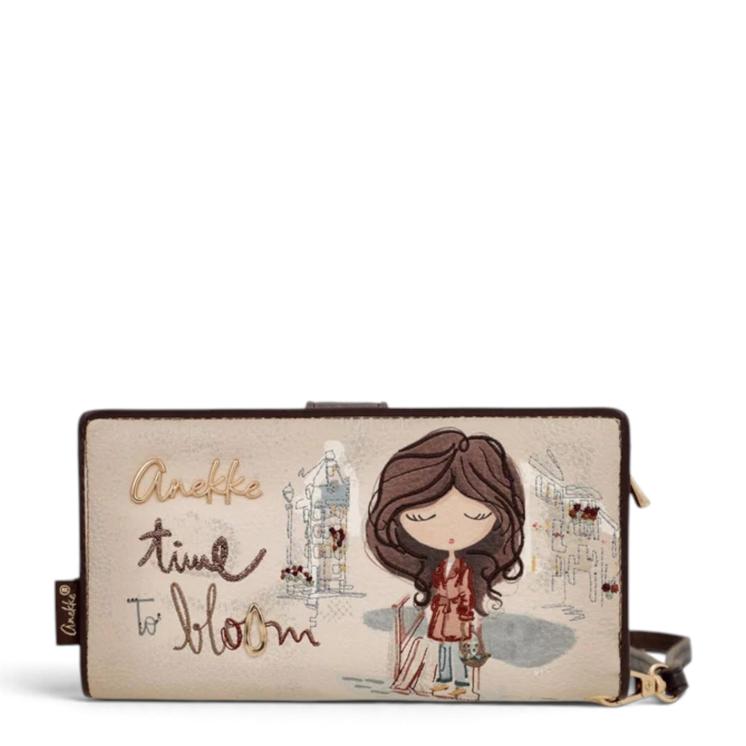 ada-shoes.ro Anekke Tulip large beige wallet with illustrated girl, Time to Bloom text, and RFID protection.