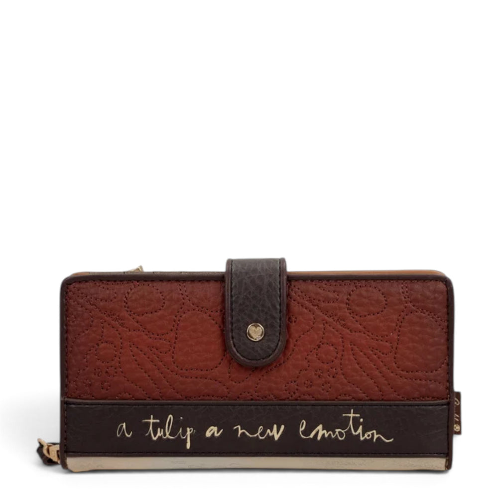 ada-shoes.ro Anekke Tulip large brown faux leather wallet with flap closure, zip coin pocket, and floral embroidery.