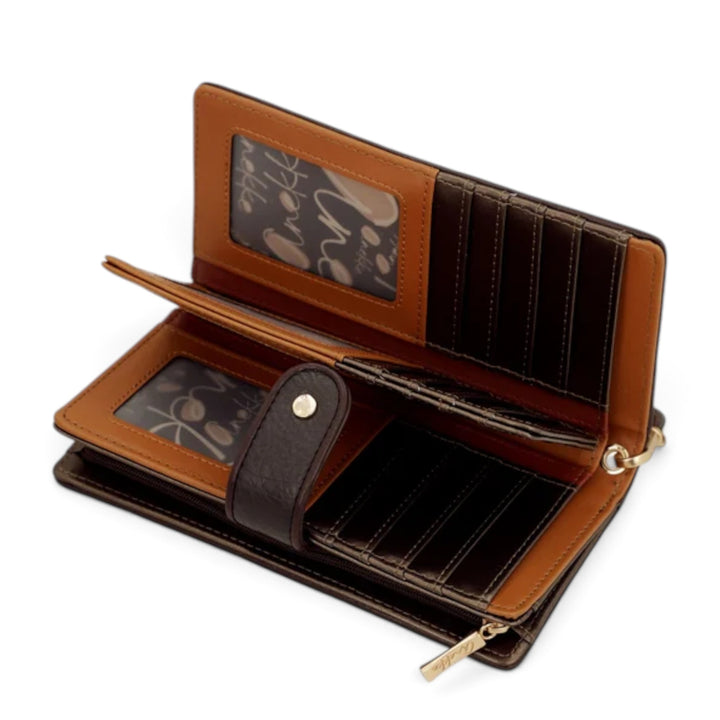 ada-shoes.ro Anekke Tulip large brown faux leather wallet with RFID protection, multiple card slots and zip coin pocket