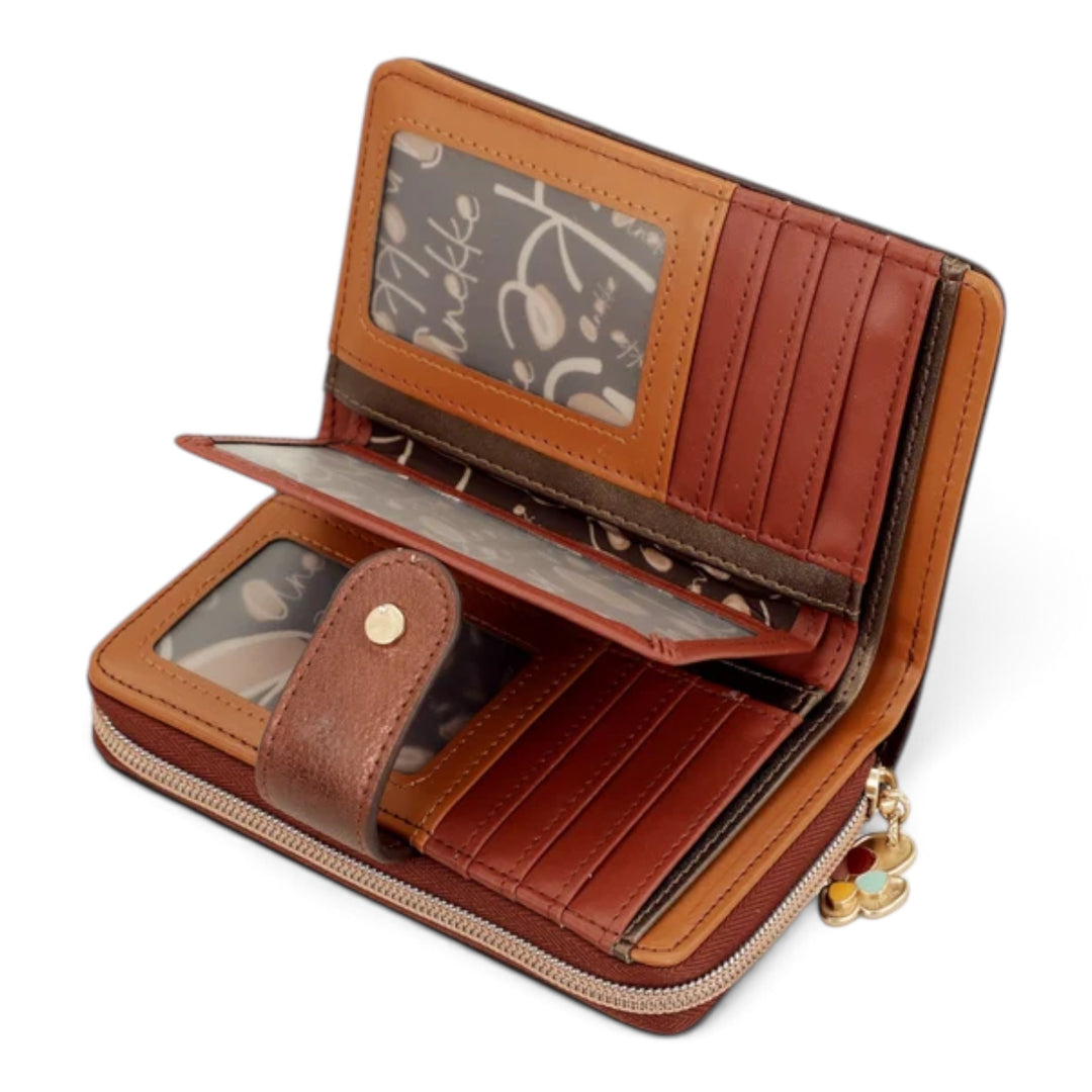ada-shoes.ro Anekke Tulip medium brown faux leather wallet with RFID protection, card slots, and zippered coin pocket.