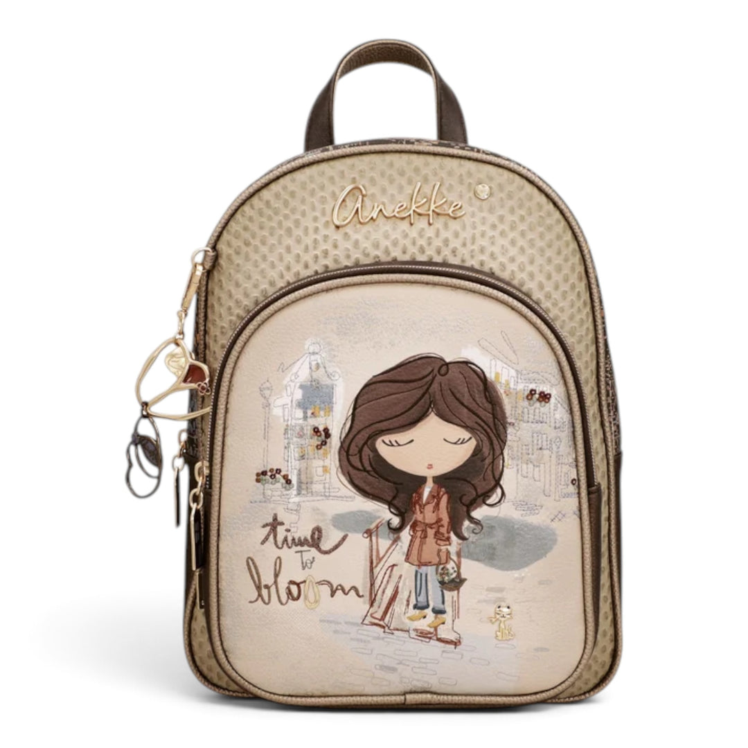 ada-shoes.ro Anekke Tulip casual backpack in beige with illustrated girl graphic, front pocket, and metallic details.