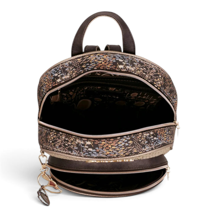 ada-shoes.ro Anekke Tulip casual backpack with open zippered compartments, patterned polyester fabric, and brown trim.