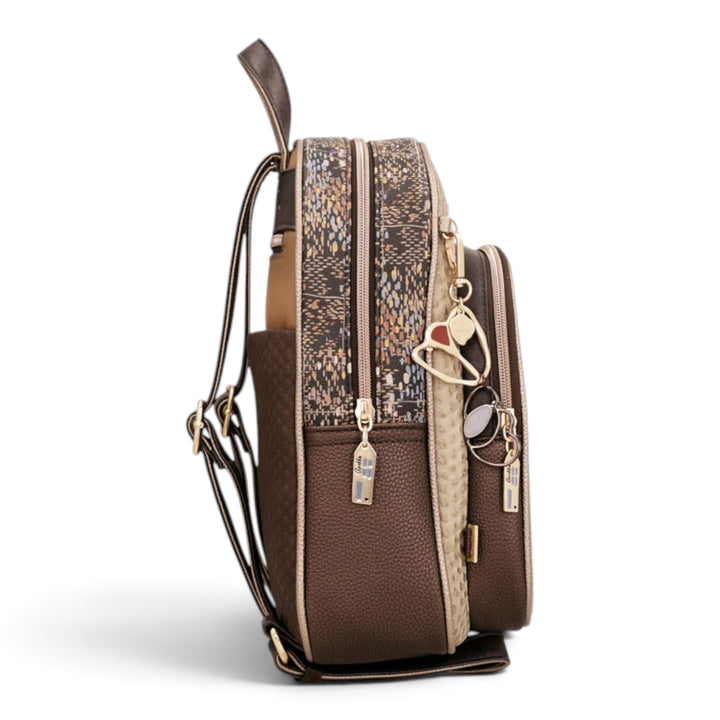 ada-shoes.ro Anekke Tulip casual backpack in brown and beige with patterned details, side view with zipper closures.