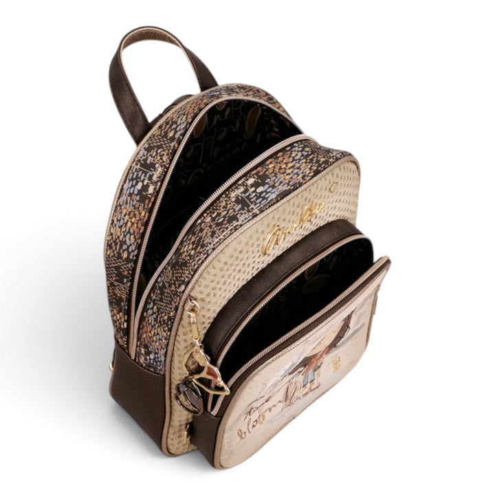 ada-shoes.ro Anekke Tulip casual backpack with floral pattern, brown accents, and front zip pocket on white background