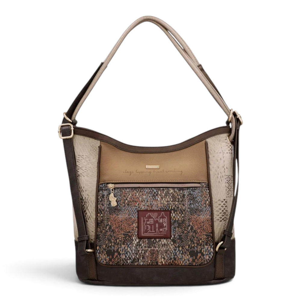 ada-shoes.ro Anekke Tulip convertible shoulder bag and backpack in brown and beige with patterned fabric details.