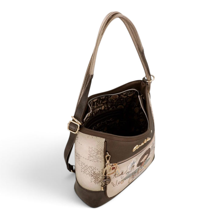 ada-shoes.ro Anekke Tulip convertible shoulder bag and backpack in beige and brown with floral and graphic details