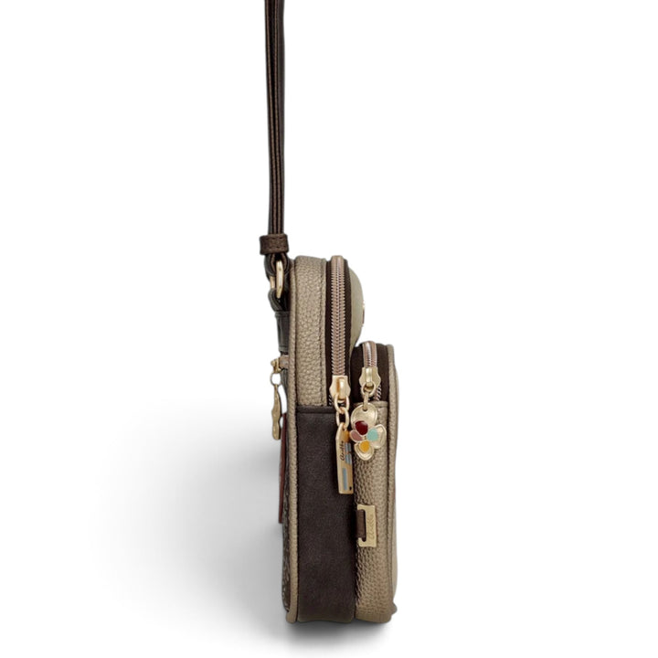 ada-shoes.ro Anekke Tulip crossbody bag in metallic bronze and brown with zipper compartments and adjustable strap