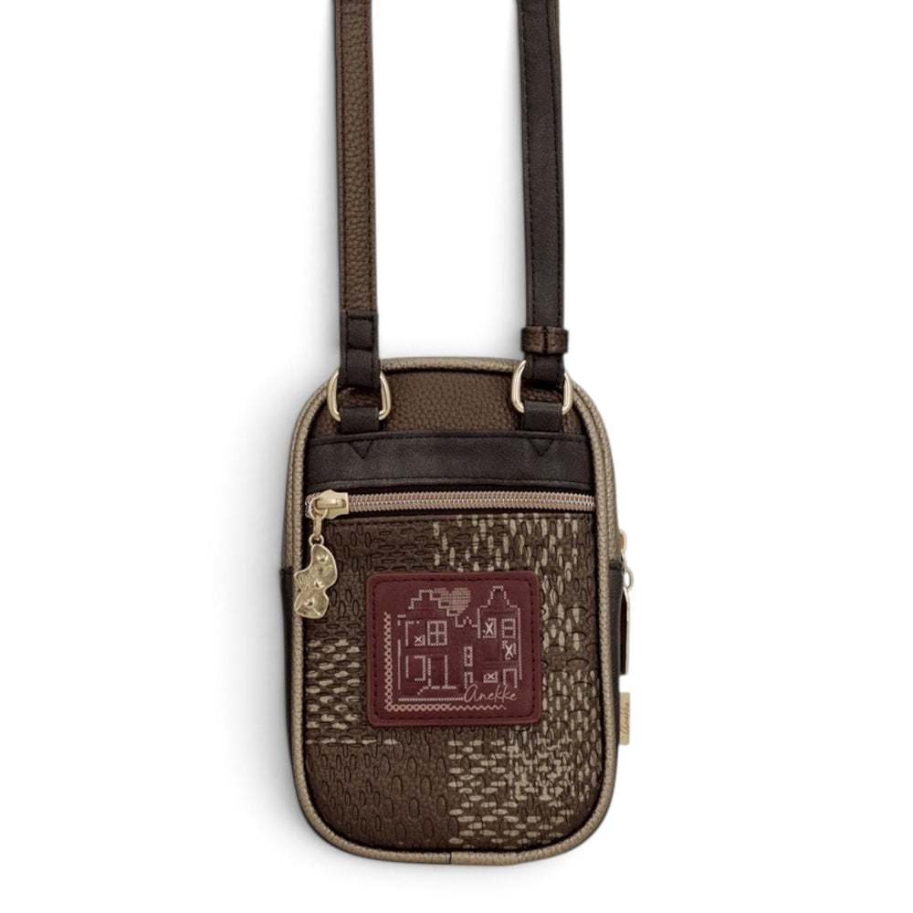 ada-shoes.ro Anekke Tulip crossbody bag in brown with embroidered details, front zipper pocket, and adjustable strap.