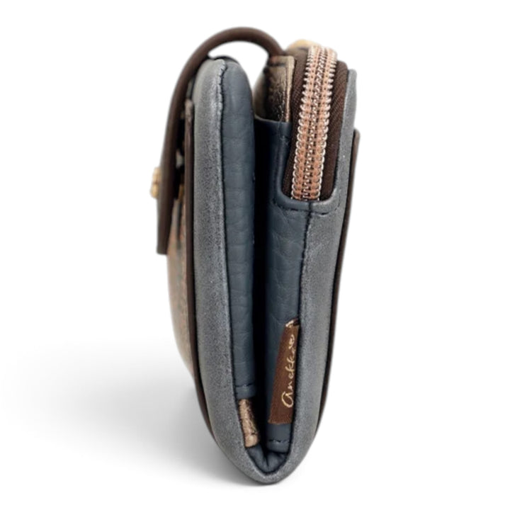 ada-shoes.ro Anekke Tulip medium wallet in grey PU leather with side view showing zipper and flap closure
