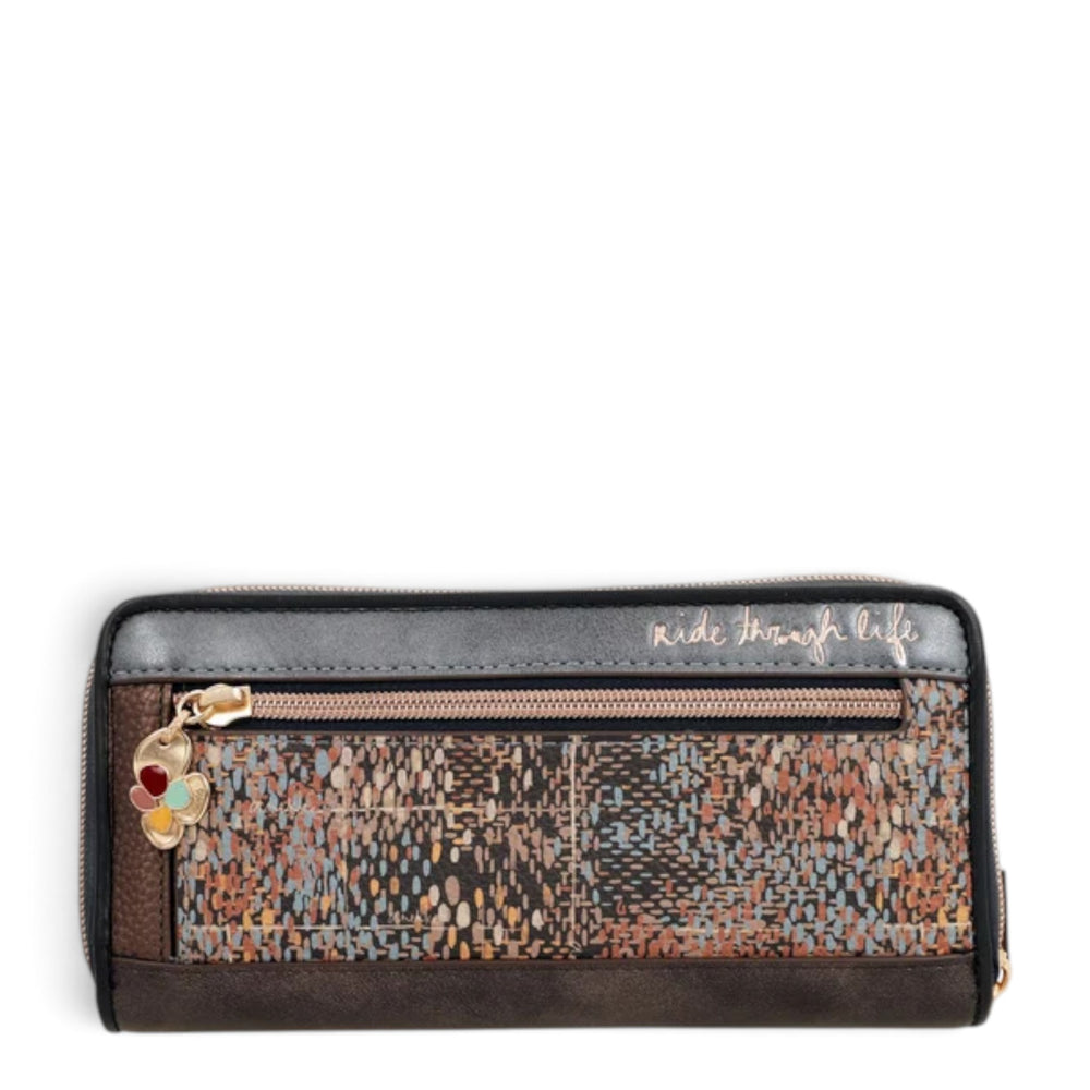 ada-shoes.ro Anekke Tulip large RFID wallet with a multi-colored patterned exterior, zipper closure, and wrist strap.