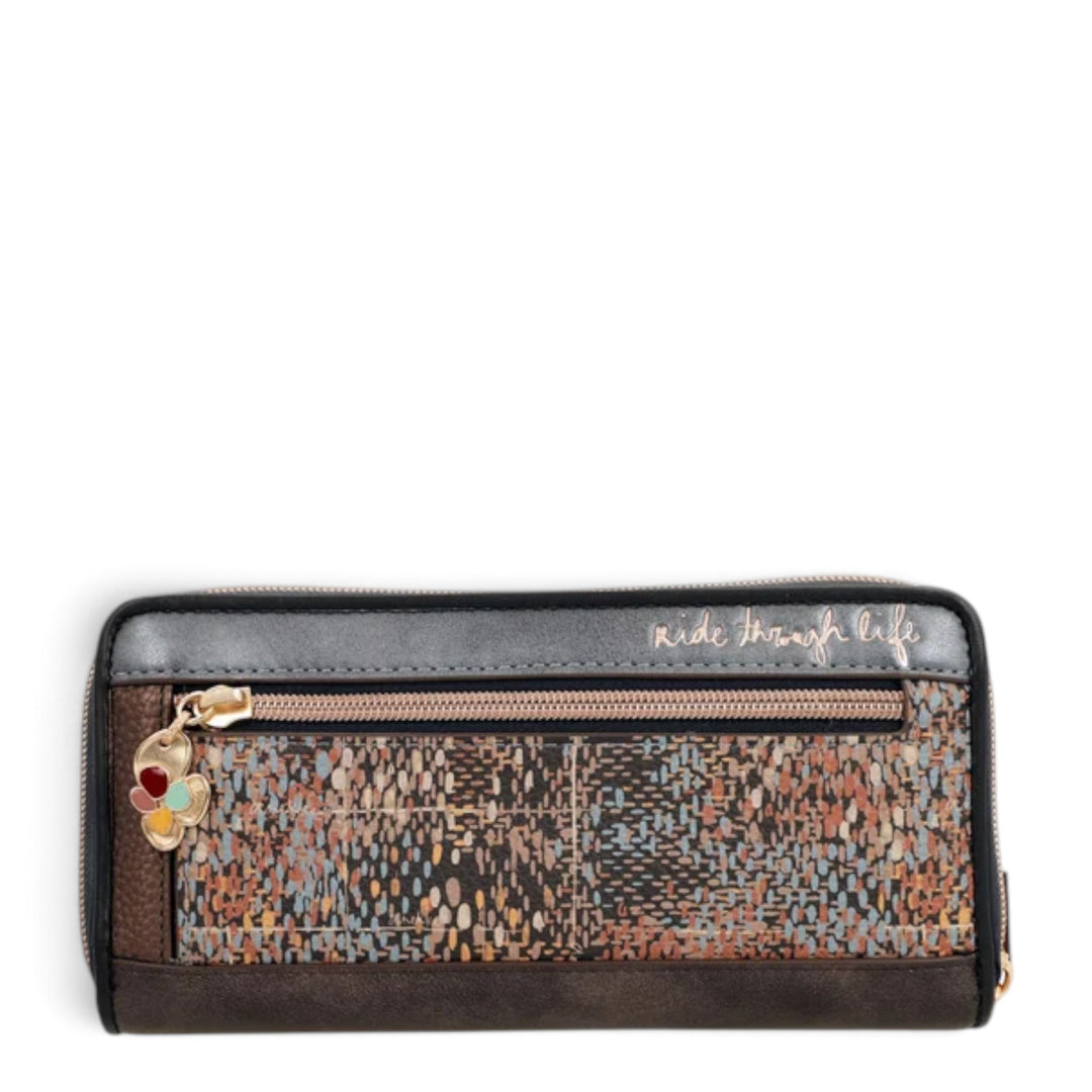 ada-shoes.ro Anekke Tulip large RFID wallet with a multi-colored patterned exterior, zipper closure, and wrist strap.