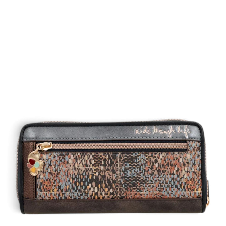 ada-shoes.ro Anekke Tulip large RFID wallet with a multi-colored patterned exterior, zipper closure, and wrist strap.