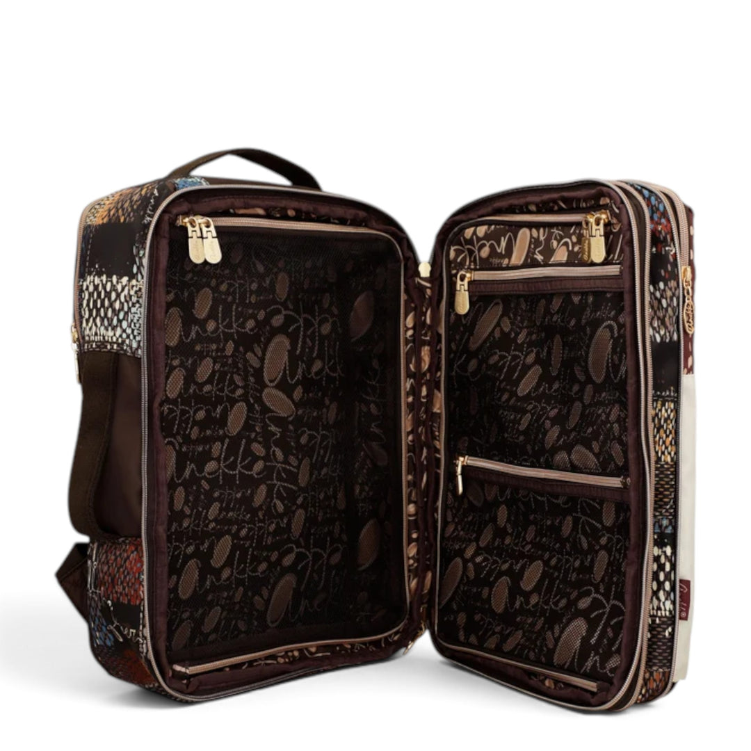 ada-shoes.ro Anekke Tulip travel backpack open to show multiple interior compartments and patterned fabric lining