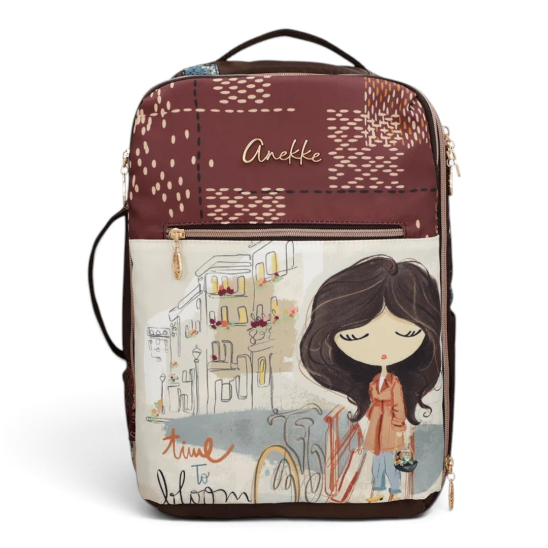 ada-shoes.ro Anekke Tulip travel backpack in brown polyester with a whimsical floral and girl illustration print.