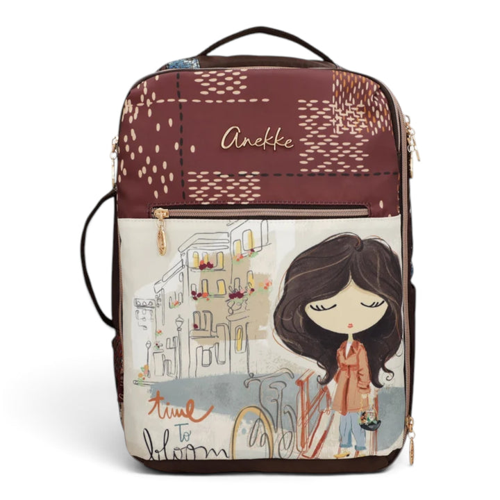ada-shoes.ro Anekke Tulip travel backpack in brown polyester with a whimsical floral and girl illustration print.