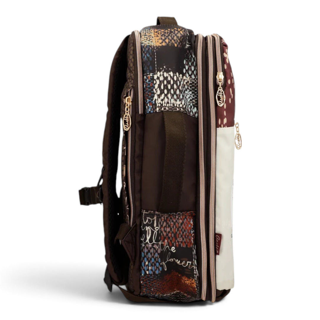 ada-shoes.ro Anekke Tulip travel backpack in brown polyester with floral print and multiple zippered compartments