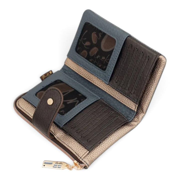 ada-shoes.ro Anekke Tulip medium wallet in blue and metallic bronze PU with RFID protection and multiple card slots