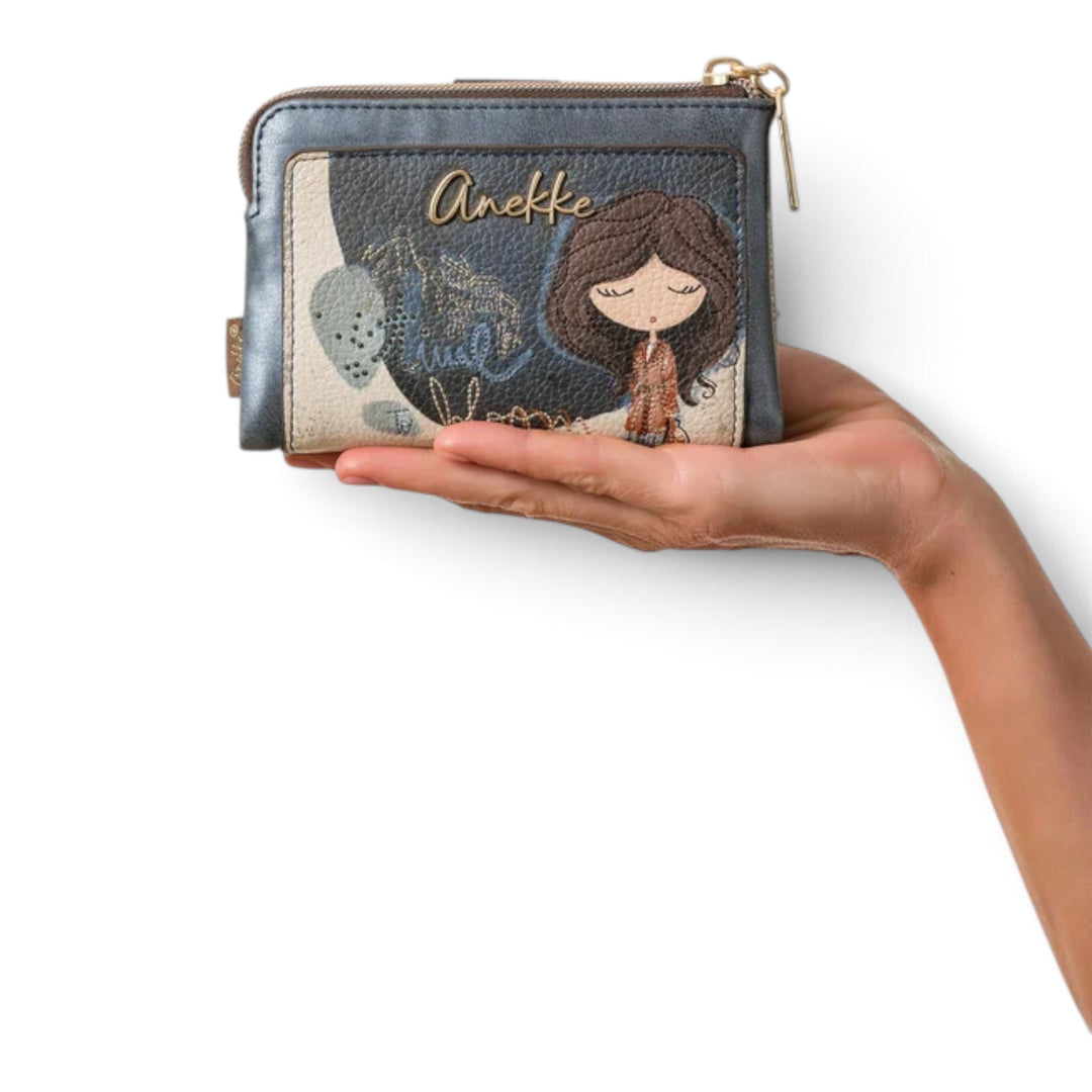 ada-shoes.ro Anekke Tulip medium wallet in blue and beige PU leather with illustrated character and zip closure