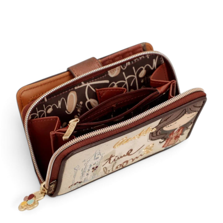 ada-shoes.ro Anekke Tulip medium wallet with RFID protection, featuring a brown and cream design with zipper coin pocket