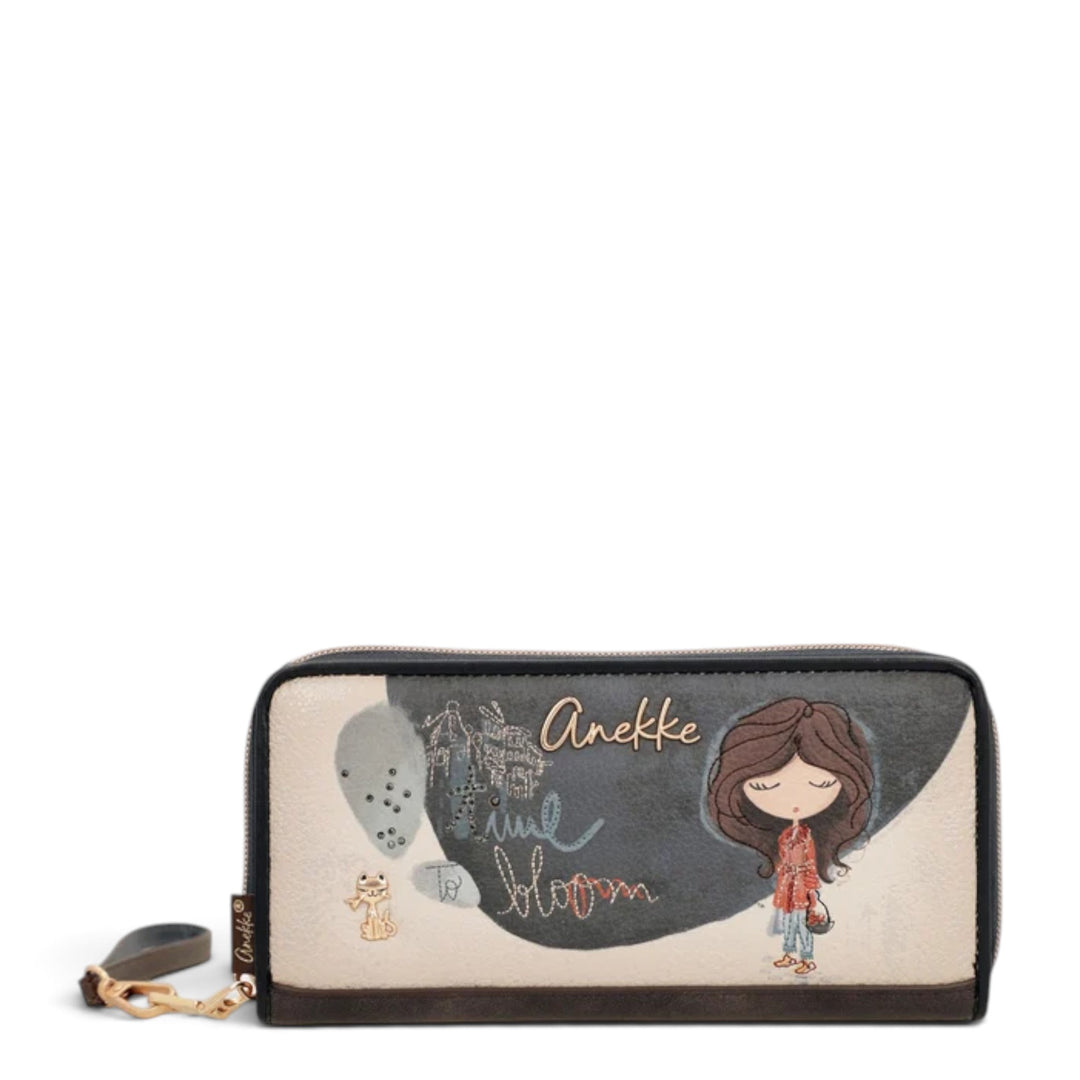 ada-shoes.ro Anekke Tulip large wallet with zip closure, featuring a whimsical girl illustration and wrist strap.