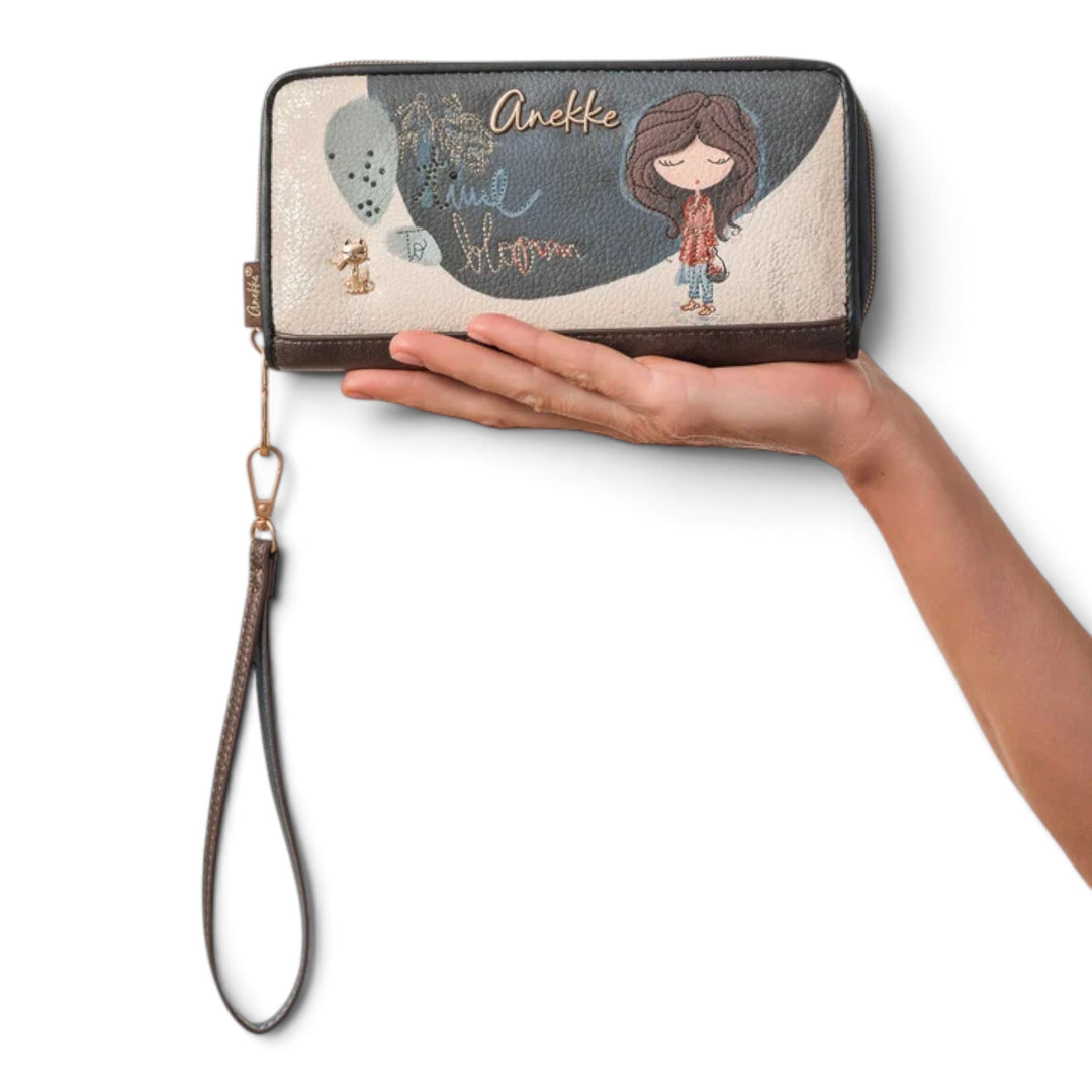 ada-shoes.ro Anekke Tulip large wallet with wrist strap, featuring a whimsical illustration and zip closure.