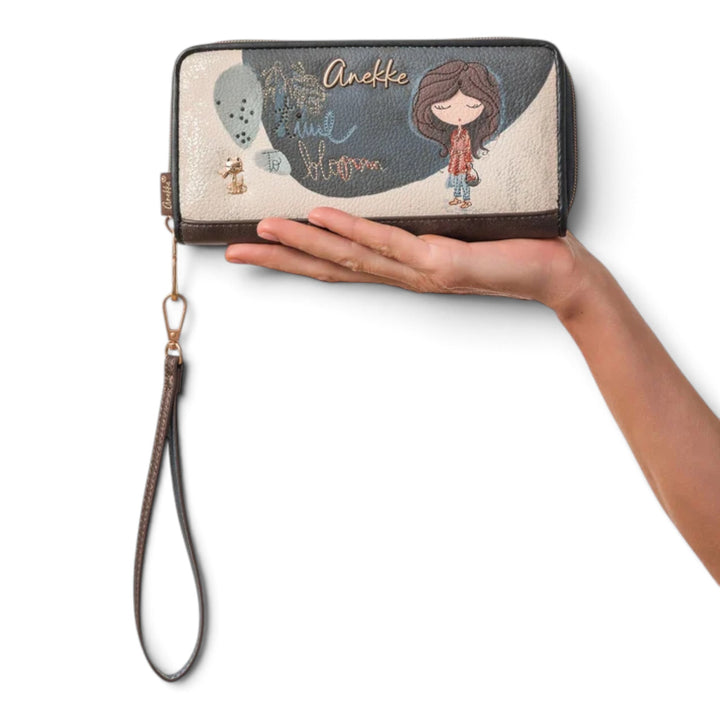ada-shoes.ro Anekke Tulip large wallet with wrist strap, featuring a whimsical illustration and zip closure.