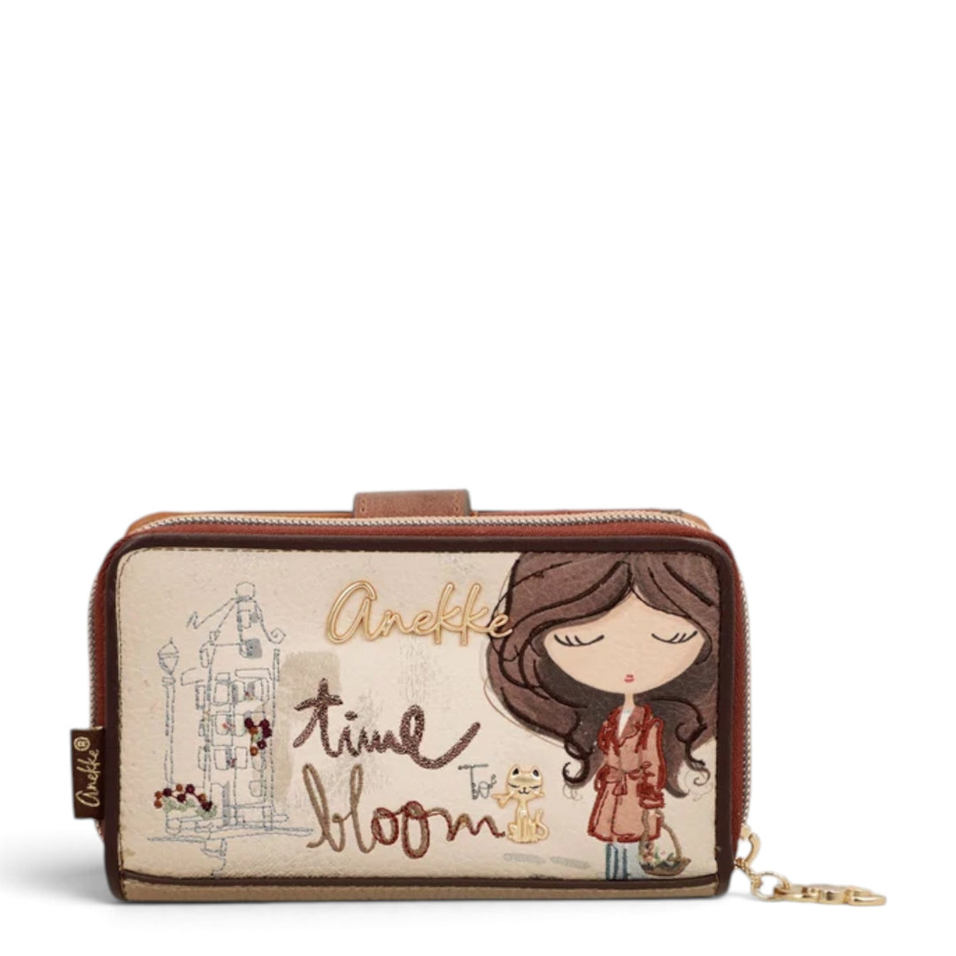 ada-shoes.ro Anekke Tulip medium wallet with illustrated girl, embroidered text, and RFID protection in beige and brown