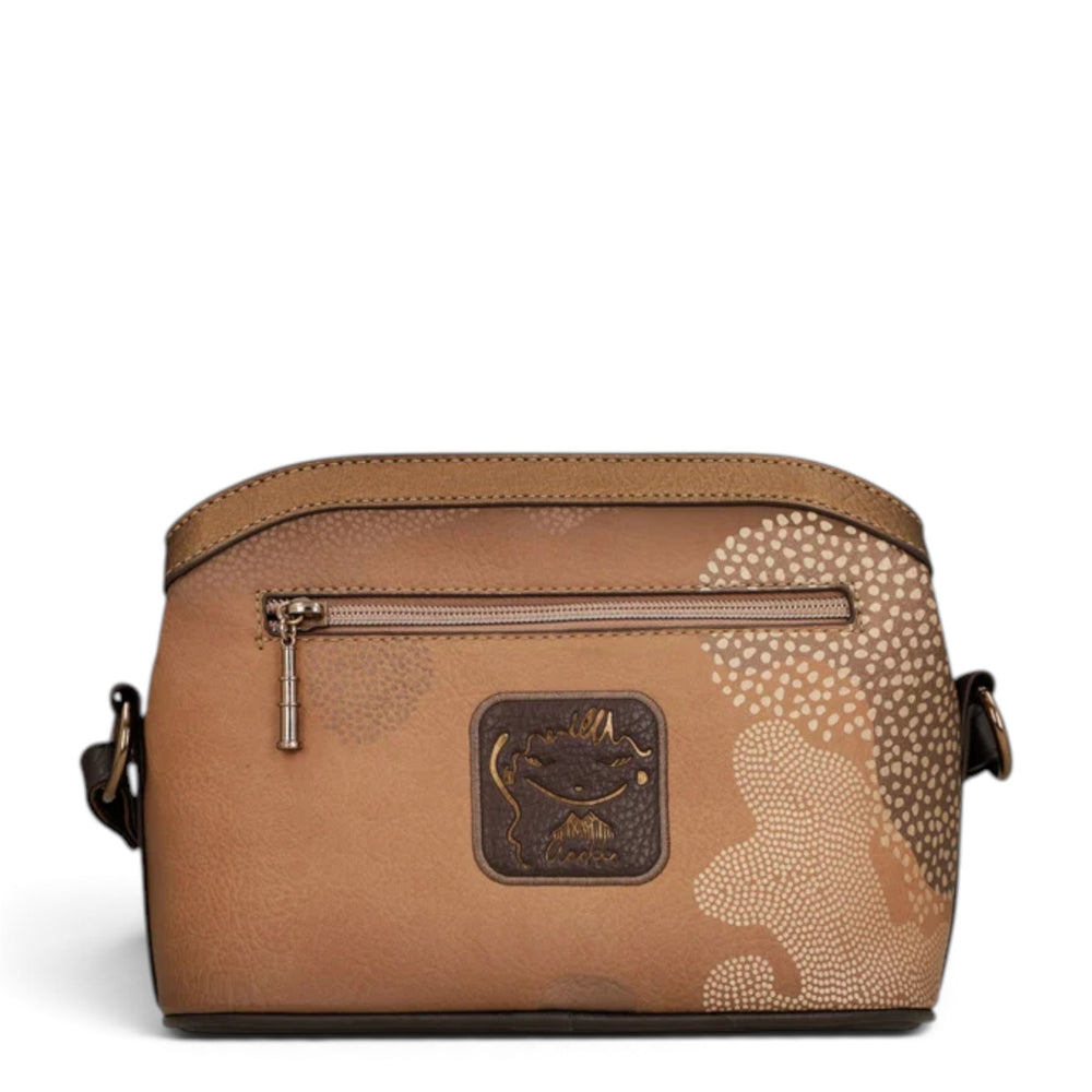 ada-shoes.ro Anekke Voyage crossbody bag in brown with patterned print, featuring three compartments and zipper closure.