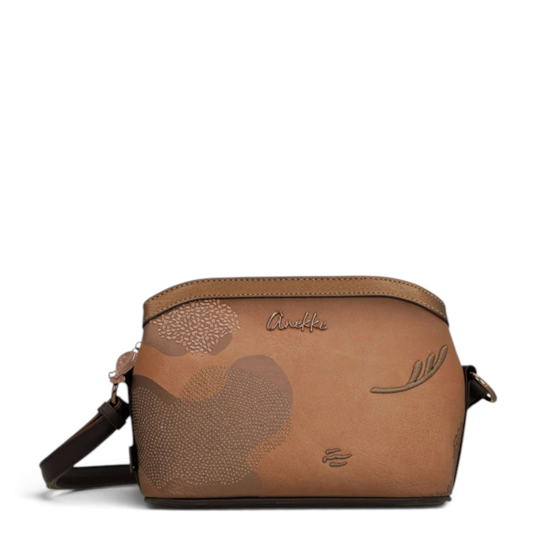 ada-shoes.ro Anekke Voyage crossbody bag in tan with decorative embroidery, three compartments, and adjustable strap.
