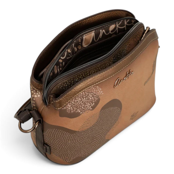 ada-shoes.ro Anekke Voyage crossbody bag in brown with three zippered compartments and patterned interior lining
