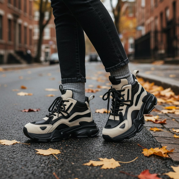 ada-shoes.ro Ghete Y5797-N chunky sneakers in beige and black with thick soles worn on an autumn street