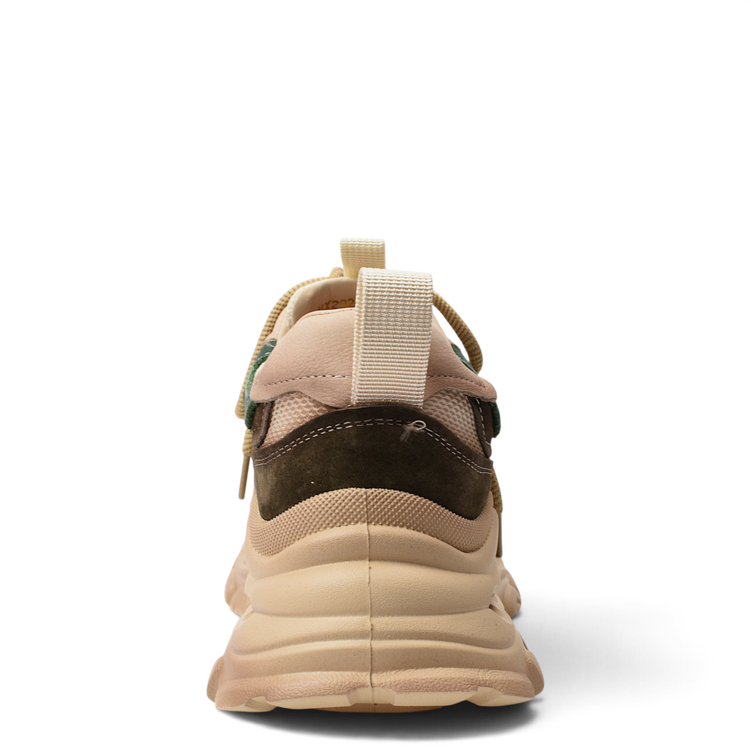 ada-shoes.ro beige and green suede sneakers with a chunky sole and lace-up closure, back view