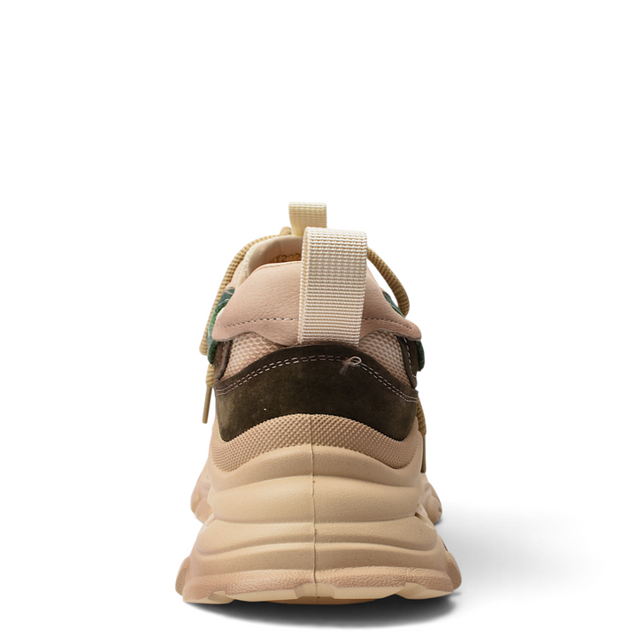 ada-shoes.ro beige and green suede sneakers with a chunky sole and lace-up closure, back view