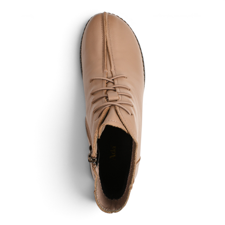 ada-shoes.ro beige leather casual ankle boots with elastic laces, side zipper, and central seam detail