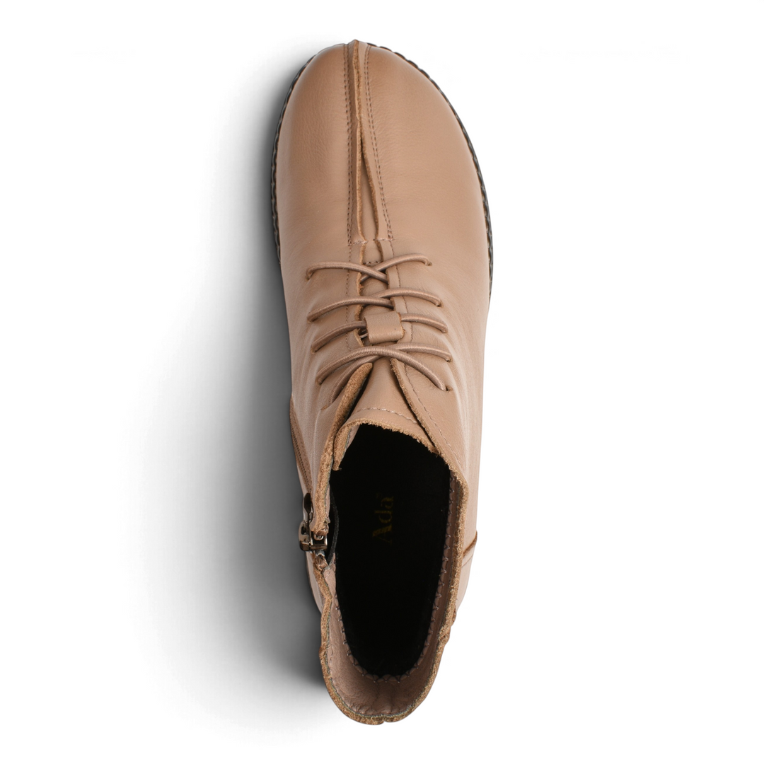 ada-shoes.ro beige leather casual ankle boots with elastic laces, side zipper, and central seam detail