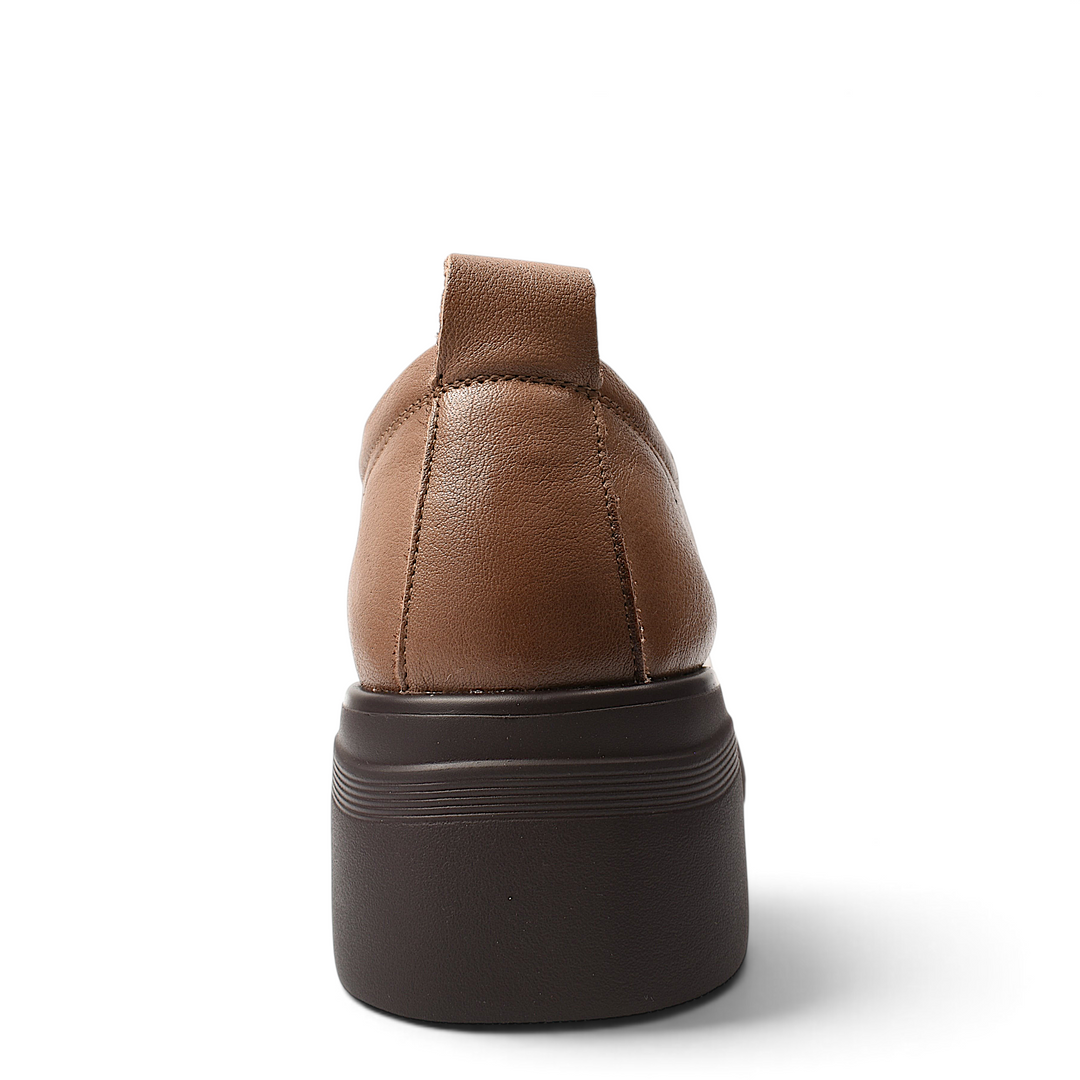 ada-shoes.ro beige leather casual shoes with a thick dark brown platform sole, back view showing heel detail