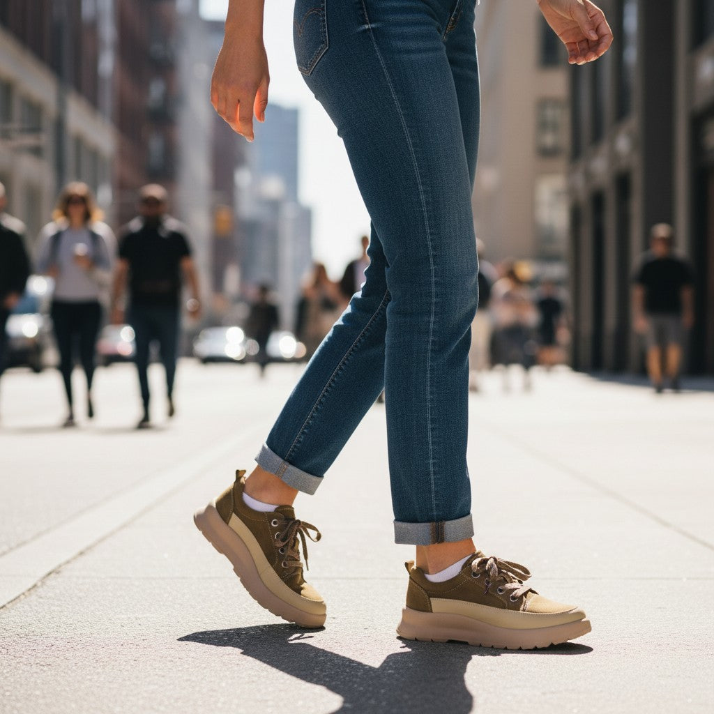 ada-shoes.ro beige nubuck and leather sneakers with lace-up closure worn by a woman walking on a city street