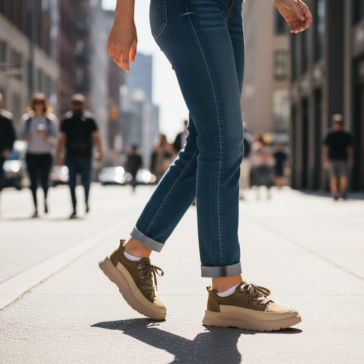 ada-shoes.ro beige nubuck and leather sneakers with lace-up closure worn by a woman walking on a city street
