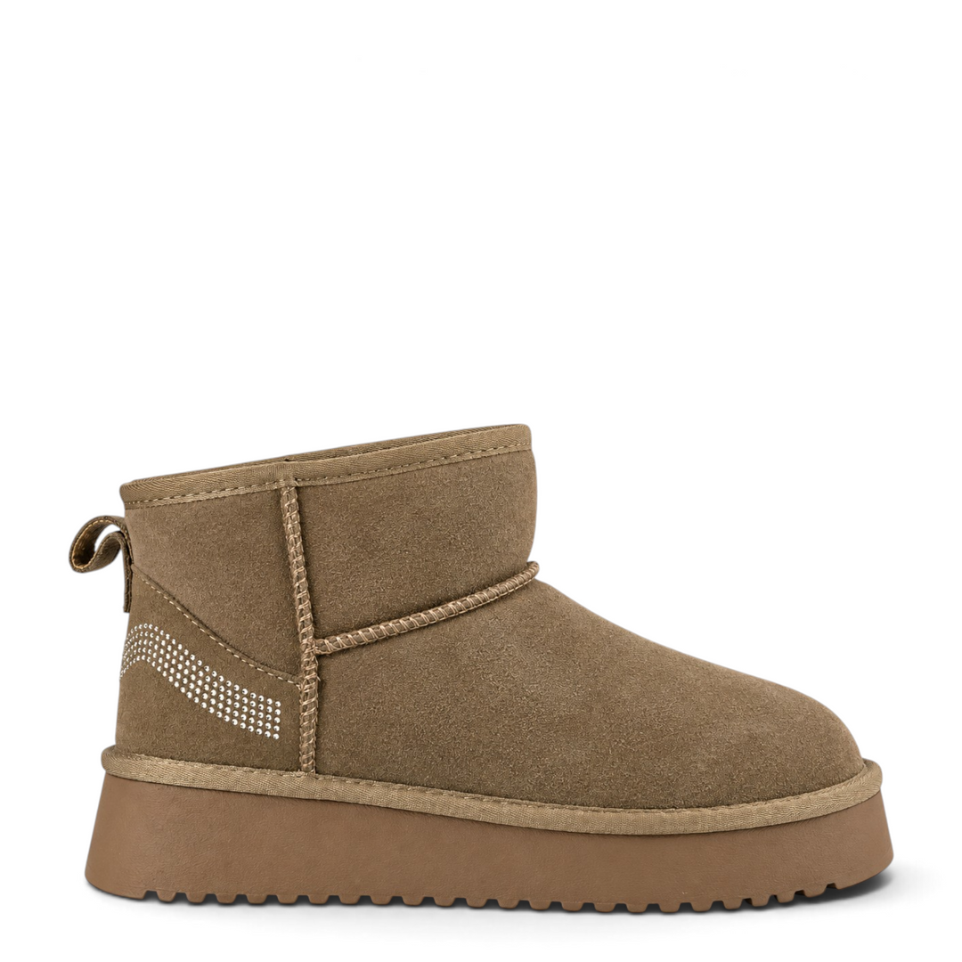ada-shoes.ro Pass Collection beige suede ankle boots with a thick platform sole and decorative side rhinestones